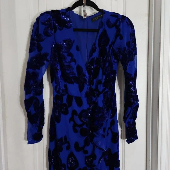 House of Harlow Revolve Womens Dress Ivan Blue Velour Burnout Ruffle Slit Sz XXS - Picture 5 of 15
